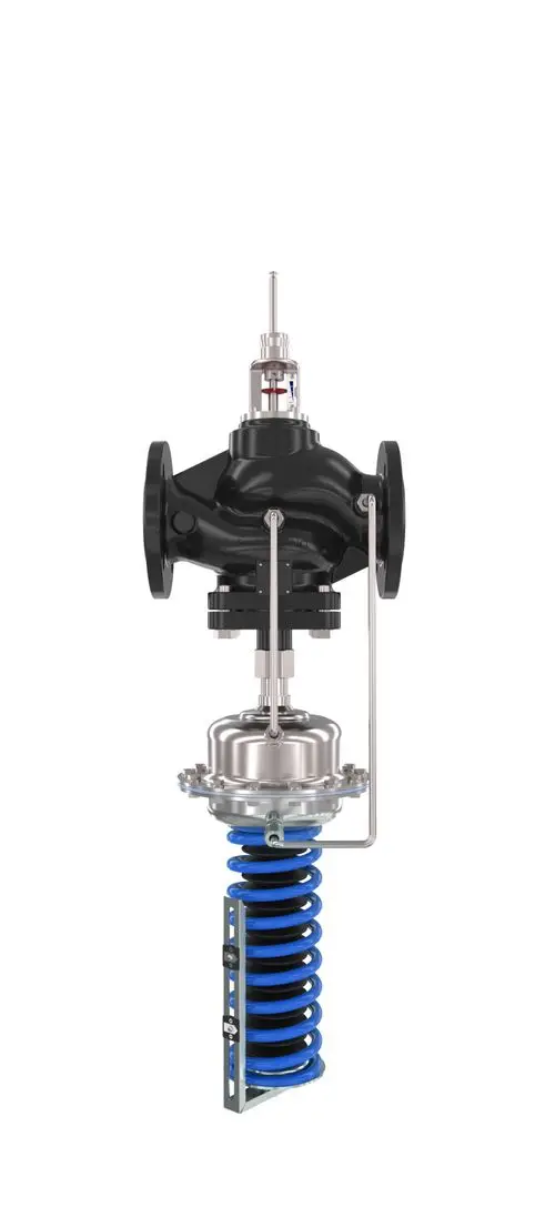Danfoss Regelventil mit einem schwarzen Gehäuse und blauer Feder, konstruiert zur Druckregulierung, sichtbar sind Anschlussflansche und eine Verbindung zur Steuerung.